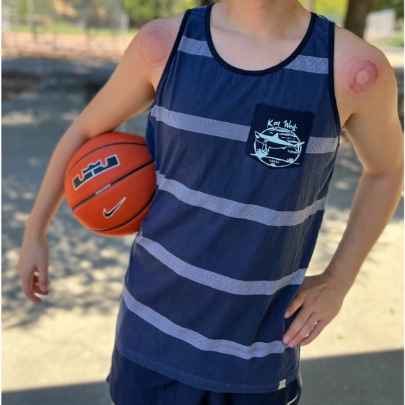 BODY GLOVE KEY WEST FLORIDA MEN TANK TOP SHIRT NAVY BLUE STRIPE SHARK SEE SURFER - Picture 10 of 16